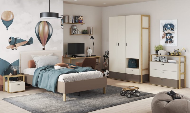 Łóżko ze stelażem LENNY powierzchnia spania 120 x 200 cm dąb artisan/beż/truflowy  Tradycyjna Dla nastolatek Do pokoju młodzieżowego