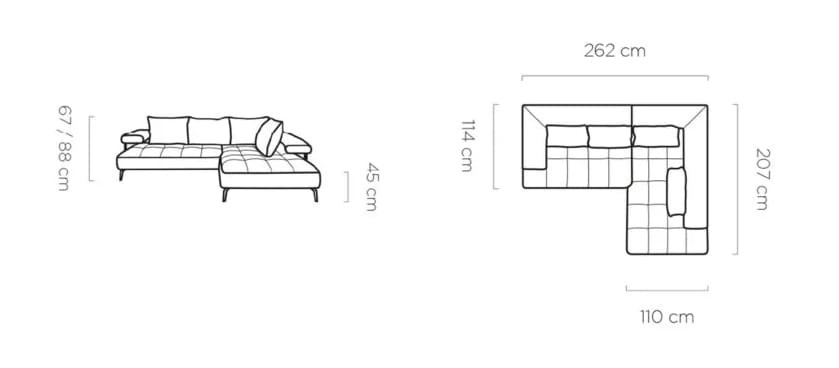 Narożnik MONTELLA L Funkcja spania Regulowane siedzisko Nowoczesny Funkcjonalny Tkaniny do wyboru Wymiary