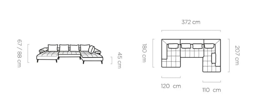 Narożnik MONTELLA XL Funkcja spania Regulowane siedzisko Nowoczesny Funkcjonalny Tkaniny do wyboru Wymiary