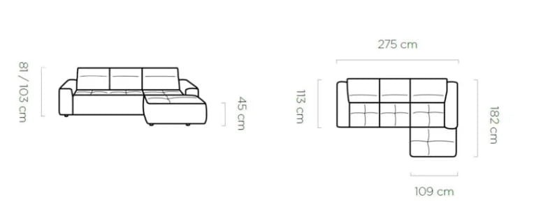 Narożnik COLOMBO MINI Funkcja spania Pojemnik na pościel Nowoczesny Funkcjonalny Tkaniny do wyboru Wymiary