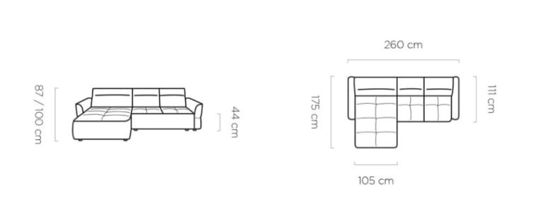 Narożnik MURILLO MINI Funkcja spania Pojemnik na pościel Nowoczesny Funkcjonalny Tkaniny do wyboru Prawy Wymiary