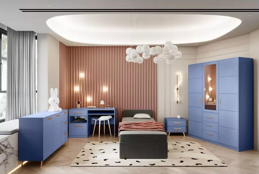 Komoda BALI dwudrzwiowa z szufladami szerokość 140 cm zgaszony błękit aranżacja