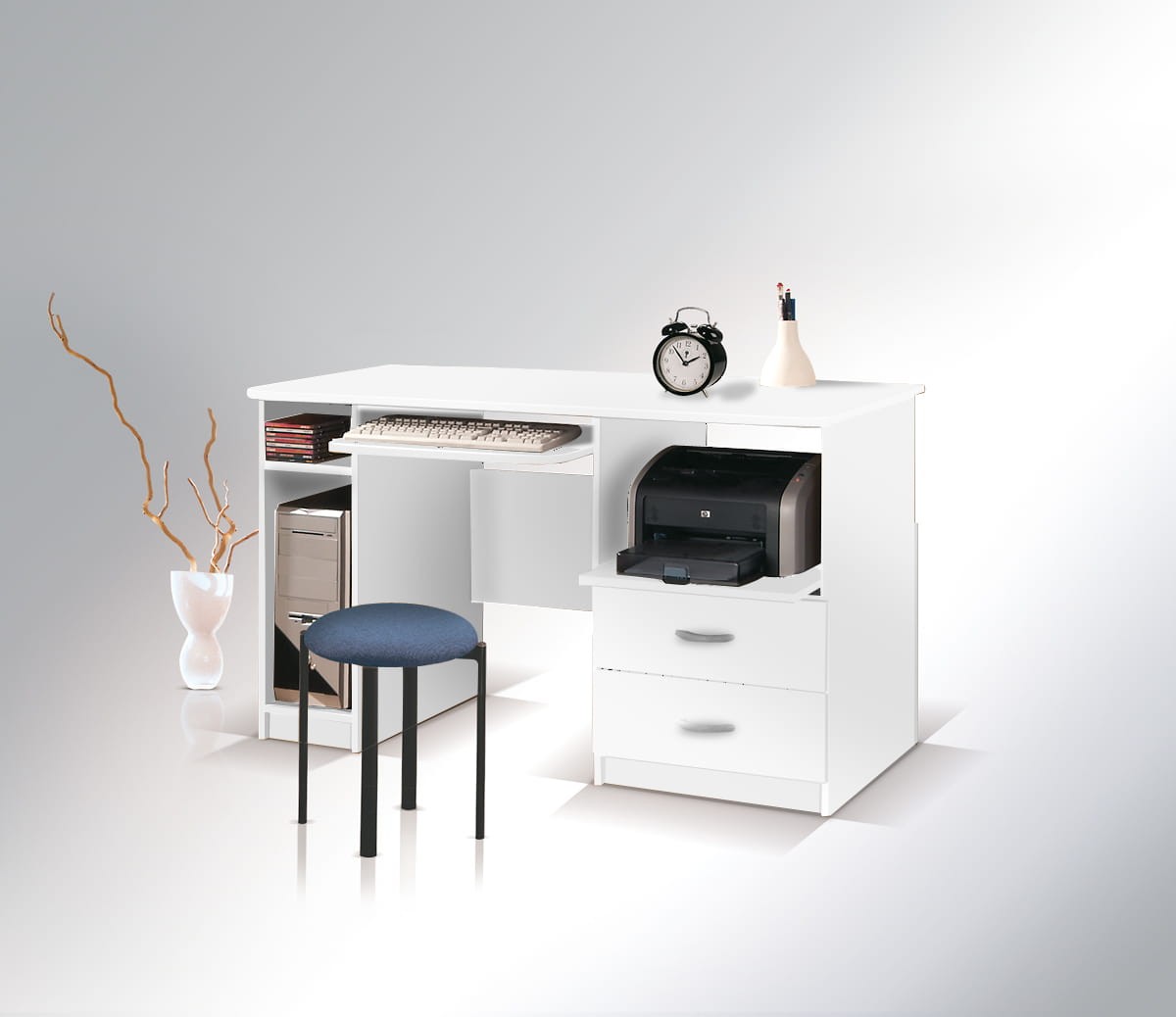 Biurko Max z Szufladą Na Drukarkę Do Pokoju Dziecka Młodzieżowe Biura Gabinetu Małe Szerokość 120 cm Wysokość 75 cm Głębokość 60 cm Białe Nowoczesne Szuflada Na Klawiaturę Półka Na Komputer