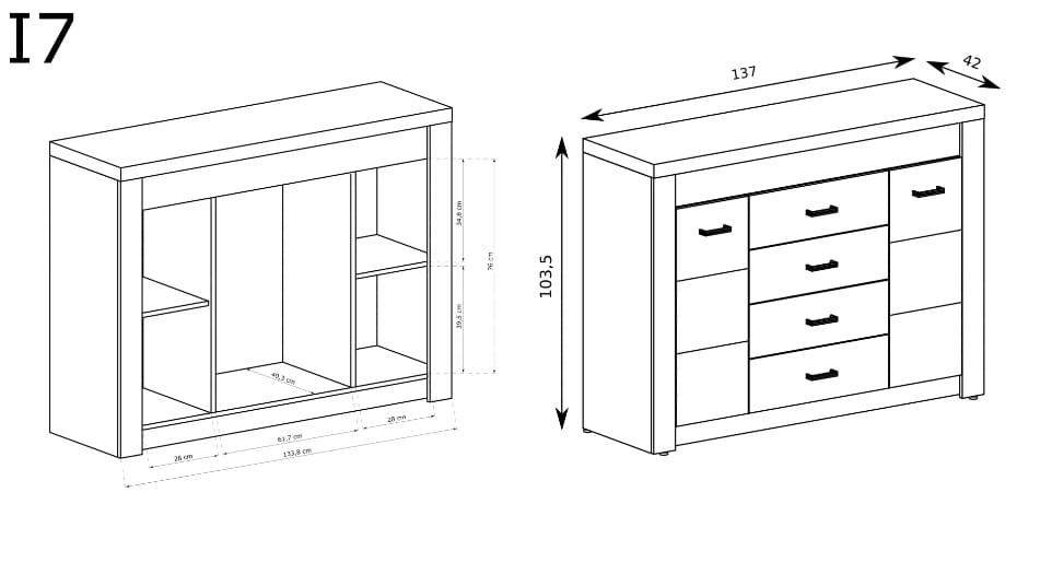 Komoda 4 szuflady szerokość 137 cm INDIANAPOLIS I7 Kraft biały Do Salonu Do Pokoju Dziennego Nowoczesny Styl Funkcjonalna Wysoka Jakość Wymiary
