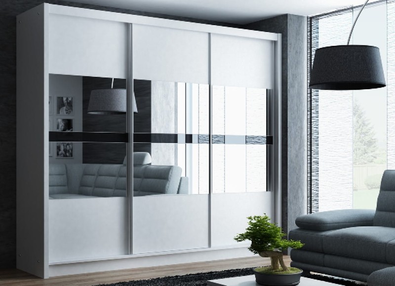 Szafa przesuwna BATUMI 250 lustro drążki półki szuflady biała aranżacja