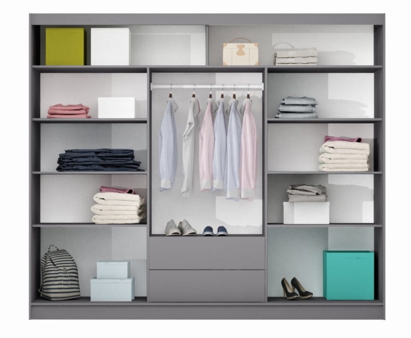 Szafa przesuwna BATUMI 250 lustro drążki półki szuflady wnętrze