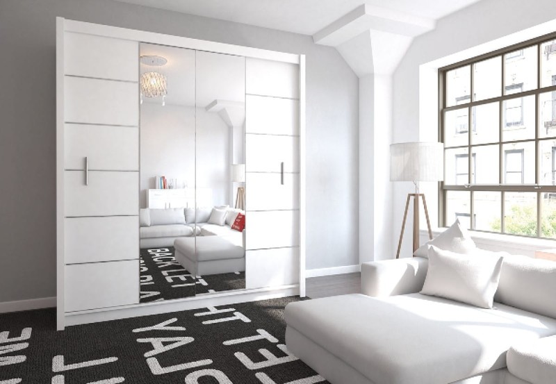 Szafa przesuwna LIZBONA II 203 lustro drążki półki biała aranżacja