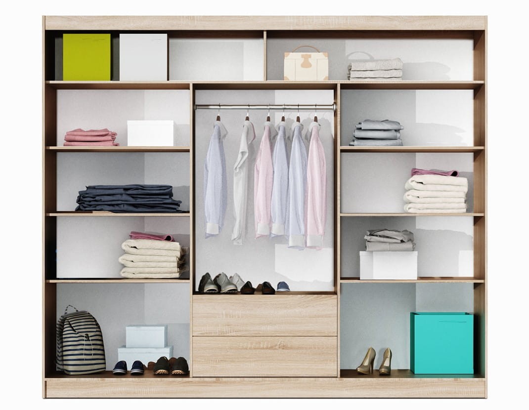 Szafa przesuwna LIZBONA II 250 lustro drążki szuflady półki wnętrze