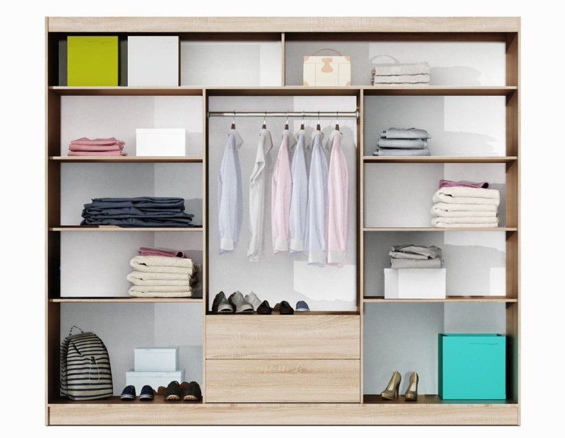 Szafa przesuwna LIZBONA II 250 lustro drążki szuflady półki wnętrze