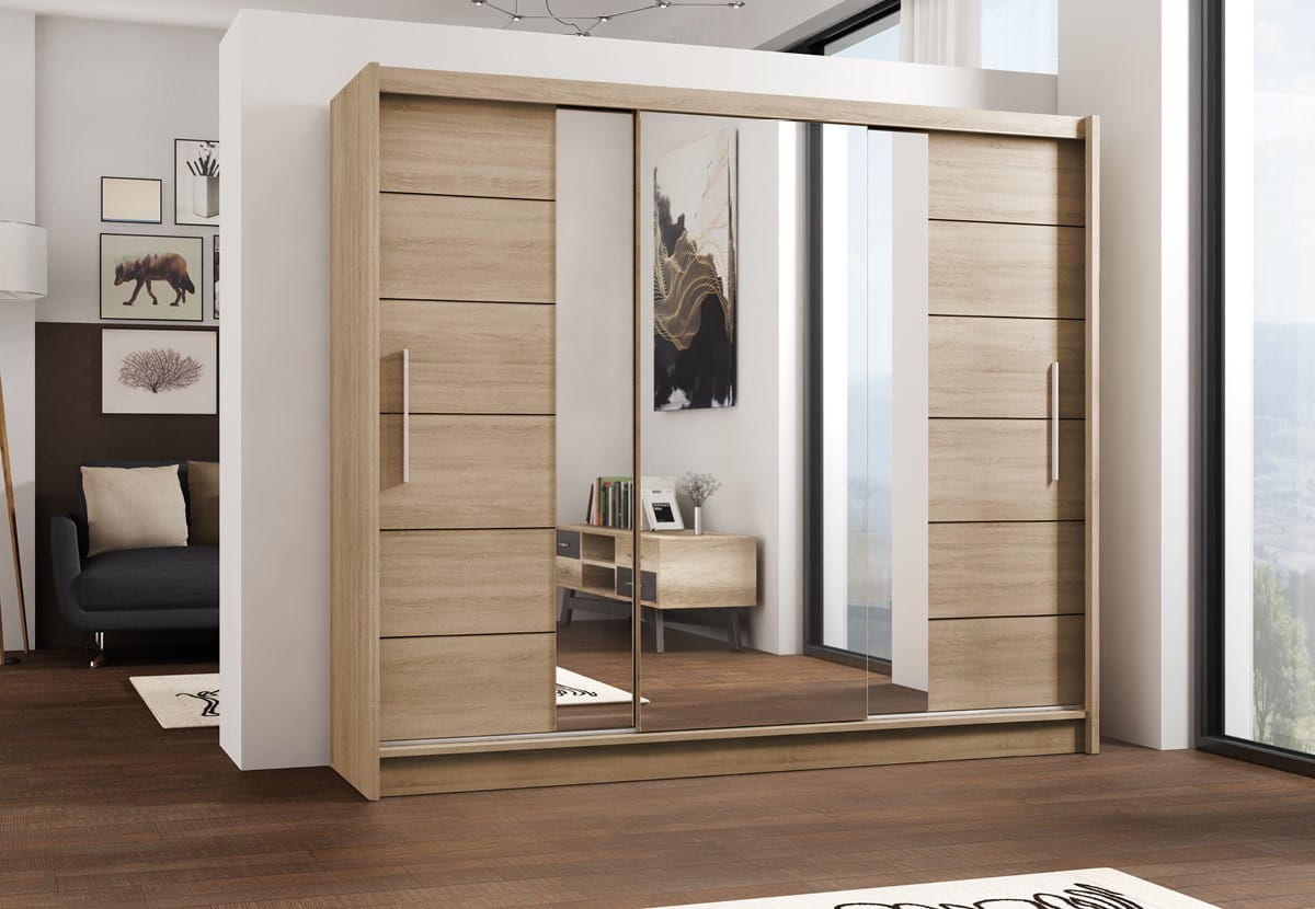 Szafa przesuwna LIZBONA II 250 lustro drążki szuflady półki dąb sonoma aranżacja