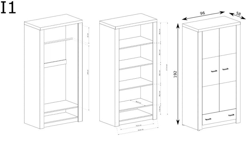Szafa dwudrzwiowa szerokość 96 cm INDIANAPOLIS I1 Kraft biały Do Salonu Do Pokoju Dziennego Nowoczesny Styl Funkcjonalna Wysoka Jakość Wymiary