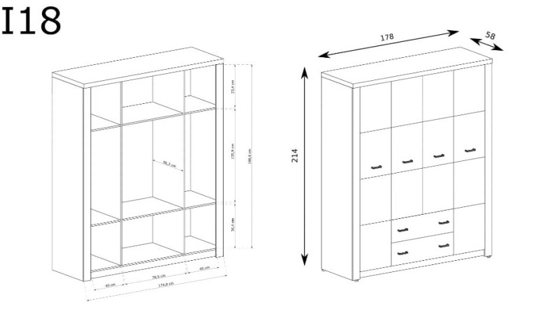Duża szafa z szufladami szerokość 178 cm INDIANAPOLIS I18 Jesion jasny Do Salonu Do Pokoju Dziennego Nowoczesny Styl Funkcjonalna Wysoka Jakość Wymiary