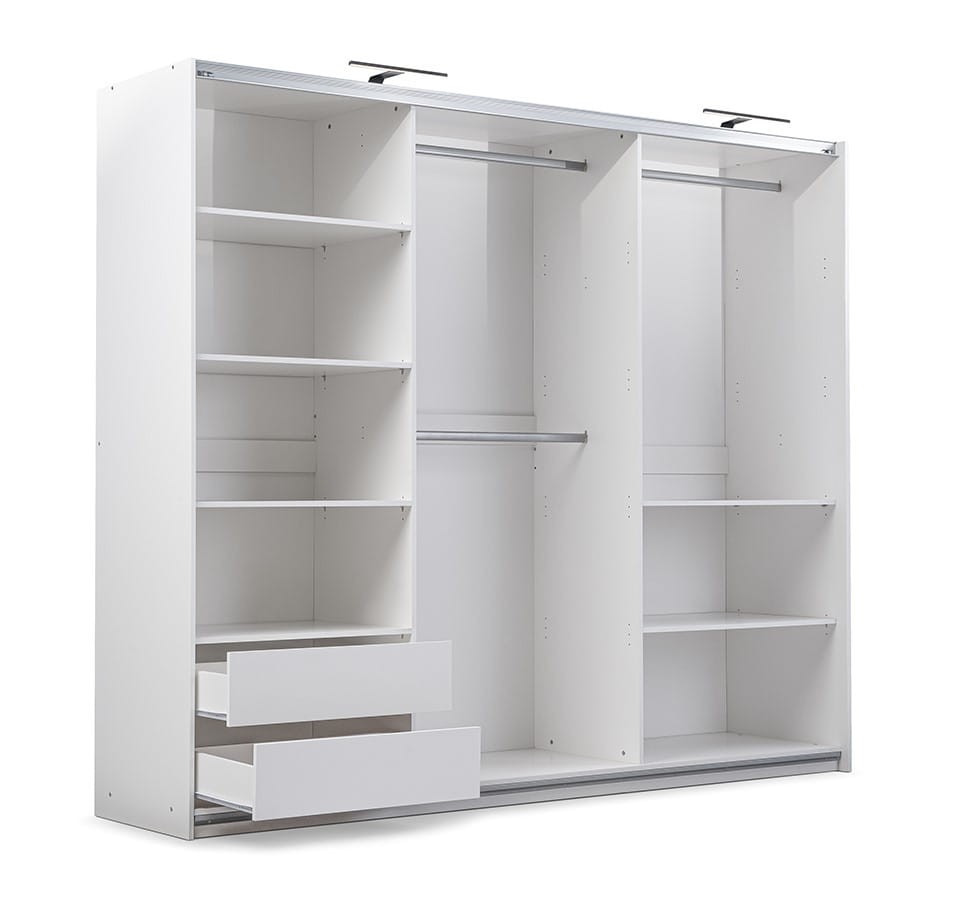 Szafa przesuwna NIMES szerokość 250 cm dwudrzwiowa szuflady LED biała wnętrze