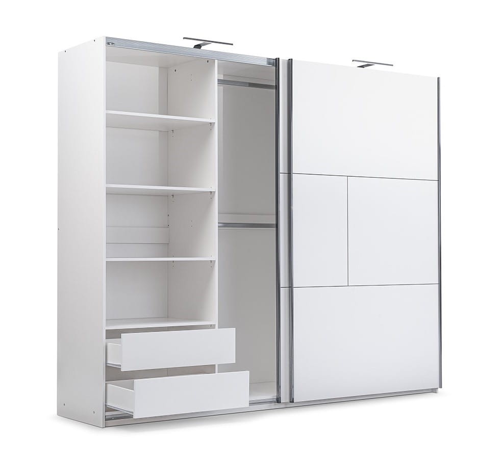 Szafa przesuwna NIMES szerokość 250 cm dwudrzwiowa szuflady LED biała