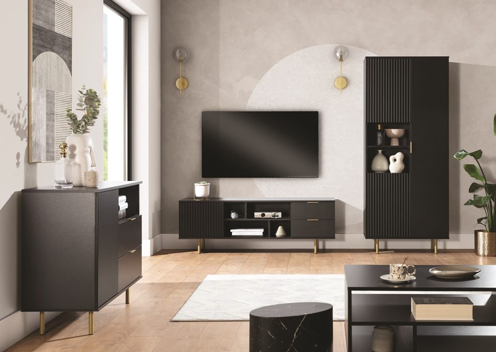 Komoda NUBIA NB-02 w Stylu LOFT  3 Szuflady 2 Drzwiczki Szerokość 150 cm Głębokość 41 cm Wysokość 80 cm Czarny mat Do przedpokoju K2D3SZ