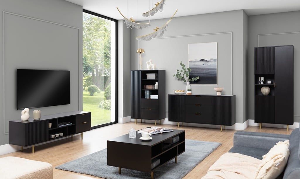 Regał NUBIA NB-04 w Stylu LOFT  Szerokość 80 cm 2 szuflady 1 drzwiczki Czarny mat Do salonu