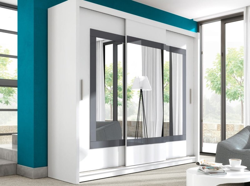 Szafa przesuwna PRESTON 250 lustro półki drążki szuflady biała