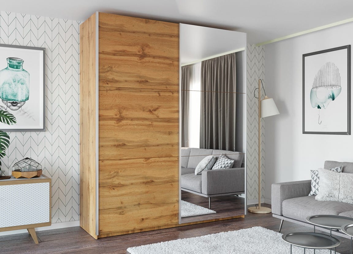 Szafa przesuwna RODOS 225 dwudrzwiowa lustro półki drążki dąb votan