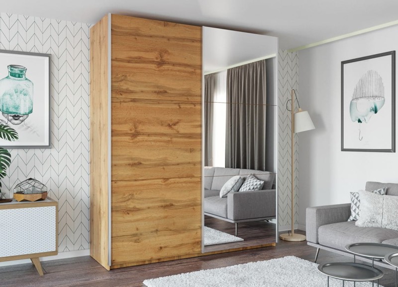 Szafa przesuwna RODOS 225 dwudrzwiowa lustro półki drążki dąb votan