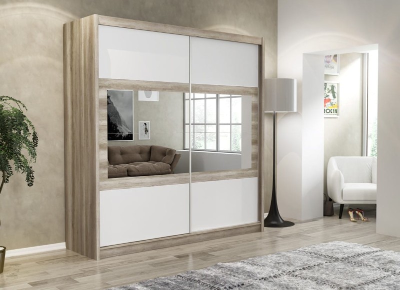 Szafa przesuwna SALWADOR 203 dwudrzwiowa lustro półki drążki biała