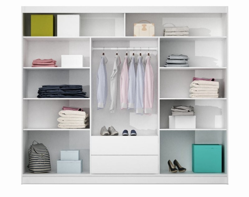 Szafa przesuwna SALWADOR 250 trzydrzwiowa lustro półki drążki szuflady - wnętrze