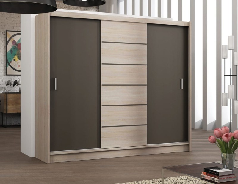 Szafa przesuwna SEWILLA 250 trzydrzwiowa szuflady półki drążki dąb sonoma