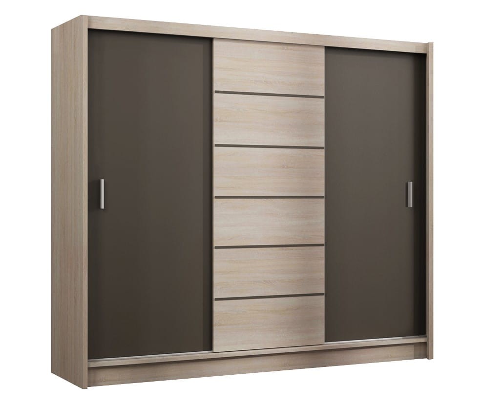 Szafa przesuwna SEWILLA 250 trzydrzwiowa szuflady półki drążki dąb sonoma