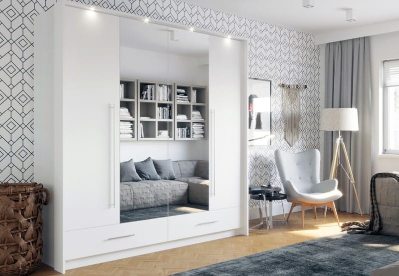 Szafa TOLEDO 210 drzwi składano-uchylne lustro szuflady półki drążki biała