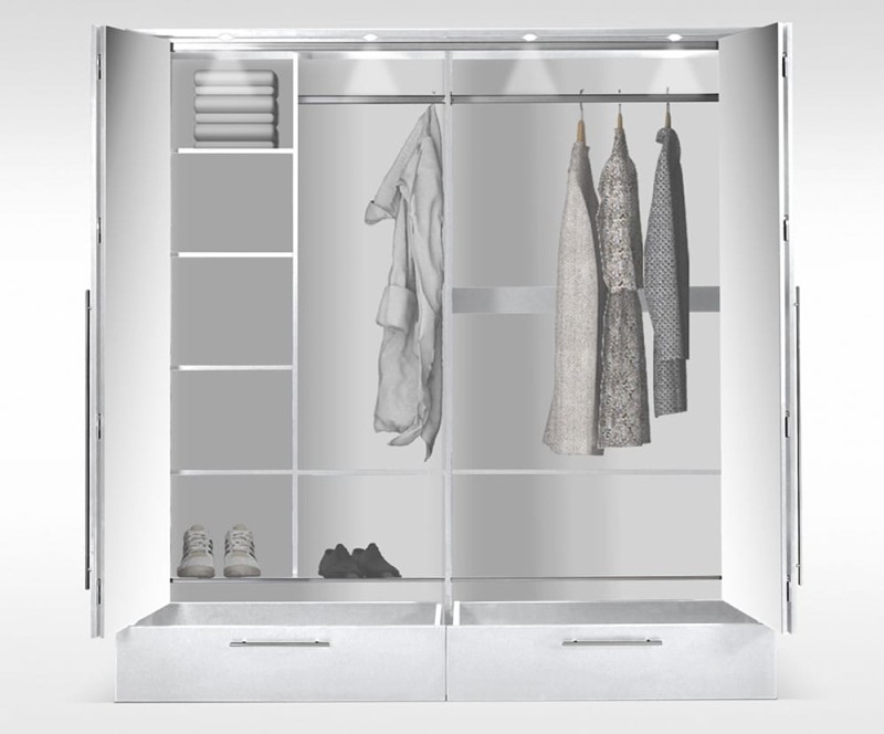 Szafa TOLEDO 210 drzwi składano-uchylne lustro szuflady półki drążki wnętrze