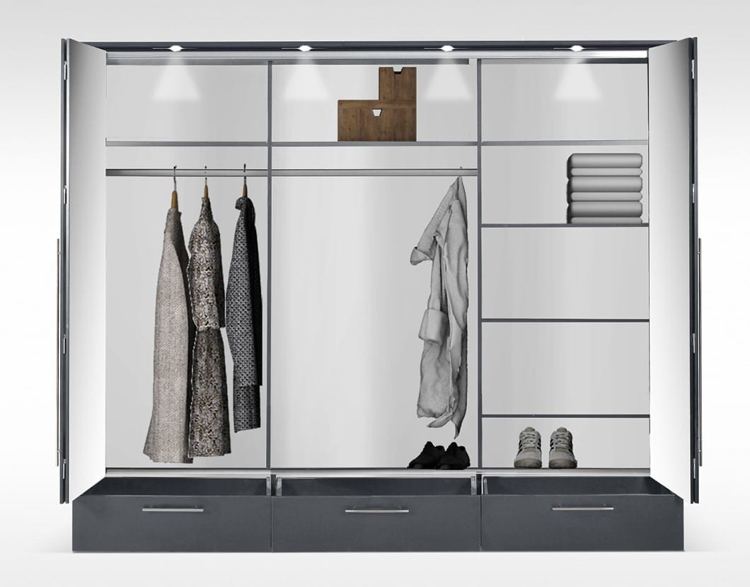 Szafa TOLEDO 255 drzwi składano-uchylne lustro szuflady półki drążki wnętrze