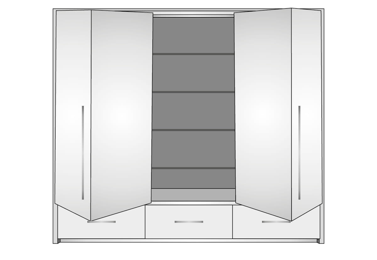 Szafa TOLEDO 255 drzwi składano-uchylne lustro szuflady półki drążki schemat