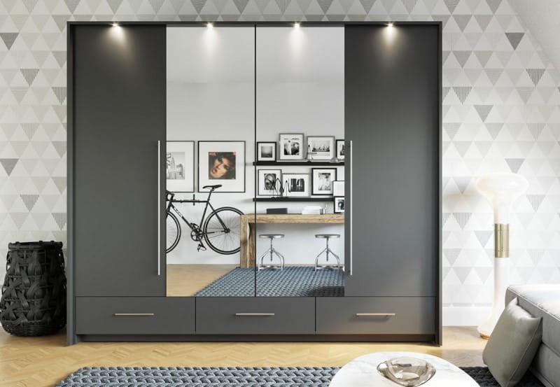 Szafa TOLEDO 255 drzwi składano-uchylne lustro szuflady półki drążki grafitowa