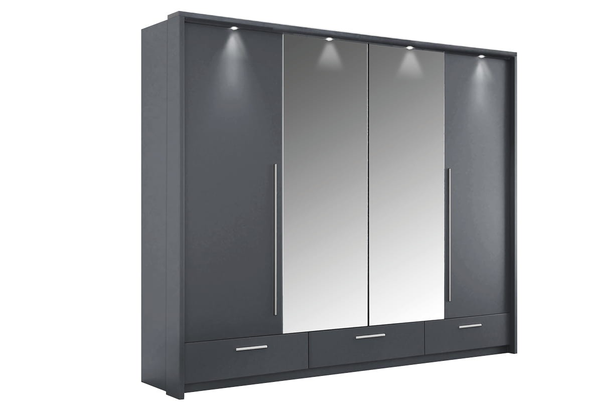 Szafa TOLEDO 255 drzwi składano-uchylne lustro szuflady półki drążki grafitowa
