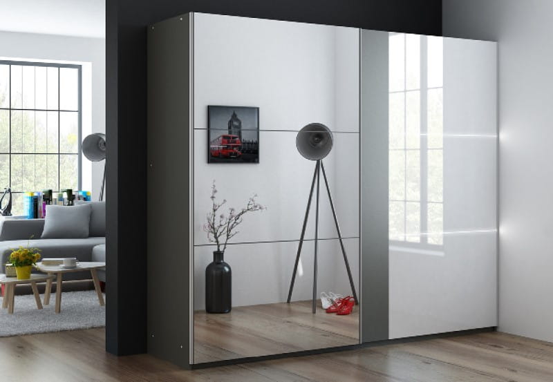 Szafa przesuwna TUNIS 250 dwudrzwiowa LED szuflady grafit / biały połysk / lustro