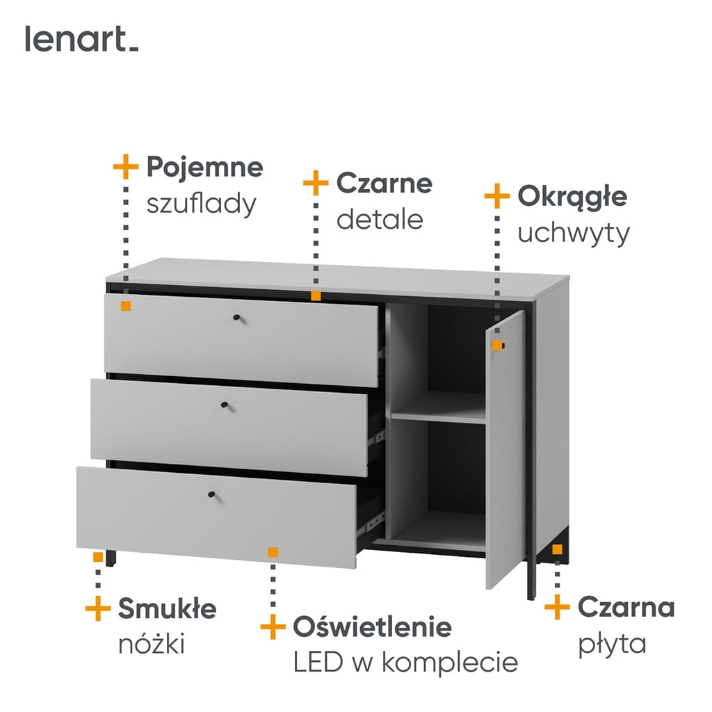 Komoda 1d3s z oświetleniem GRIS szerokość 136 cm szary/czarny Do Sypialni Wysoka Jakość