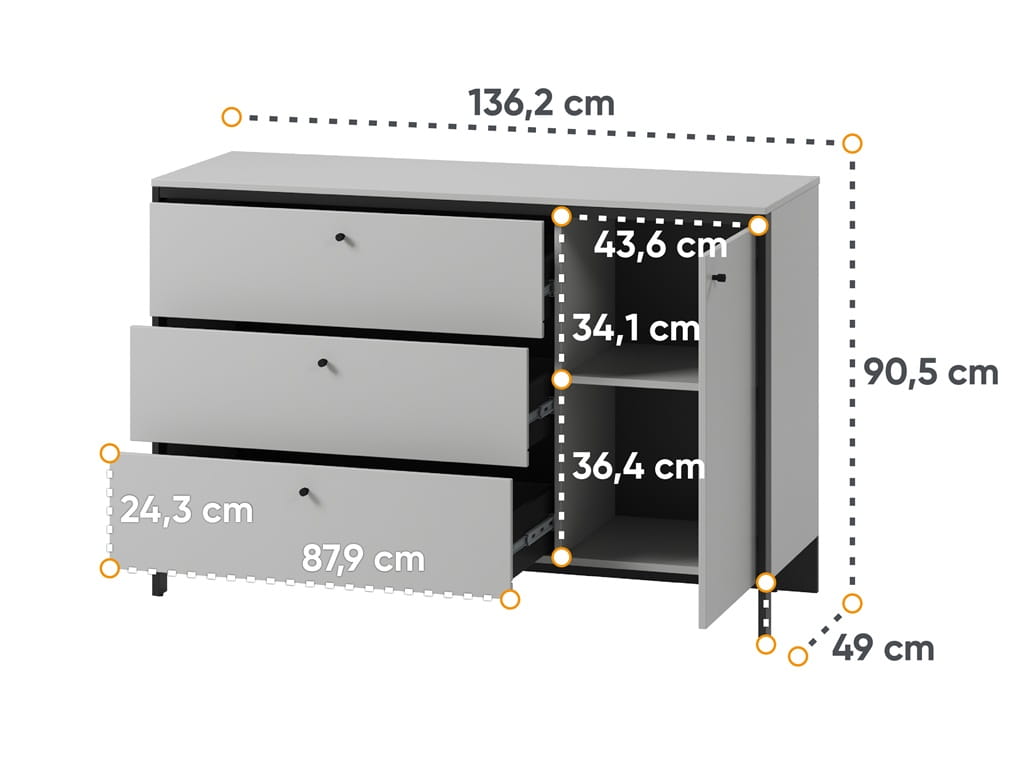 Komoda 1d3s z oświetleniem GRIS szerokość 136 cm szary/czarny Do Sypialni Wysoka Jakość