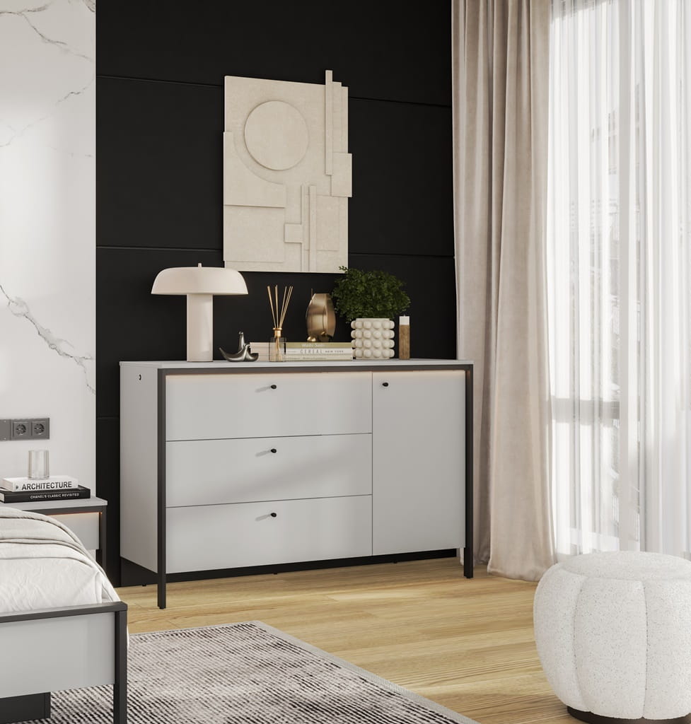 Komoda 1d3s z oświetleniem GRIS szerokość 136 cm szary/czarny Do Sypialni Wysoka Jakość