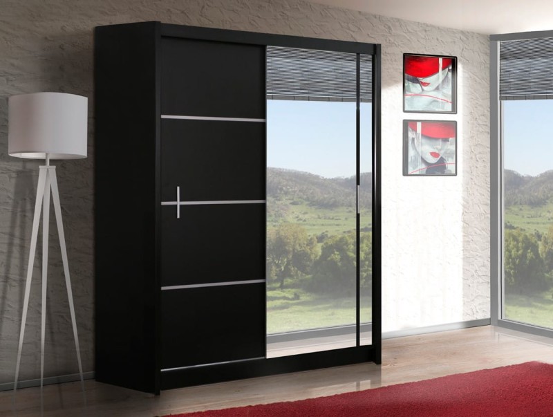 Szafa przesuwna VISTA 150 dwudrzwiowa lustro półki drążki czarna