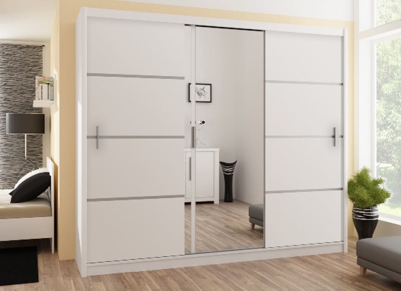 Szafa przesuwna VISTA 250 trzydrzwiowa lustro półki drążki biała