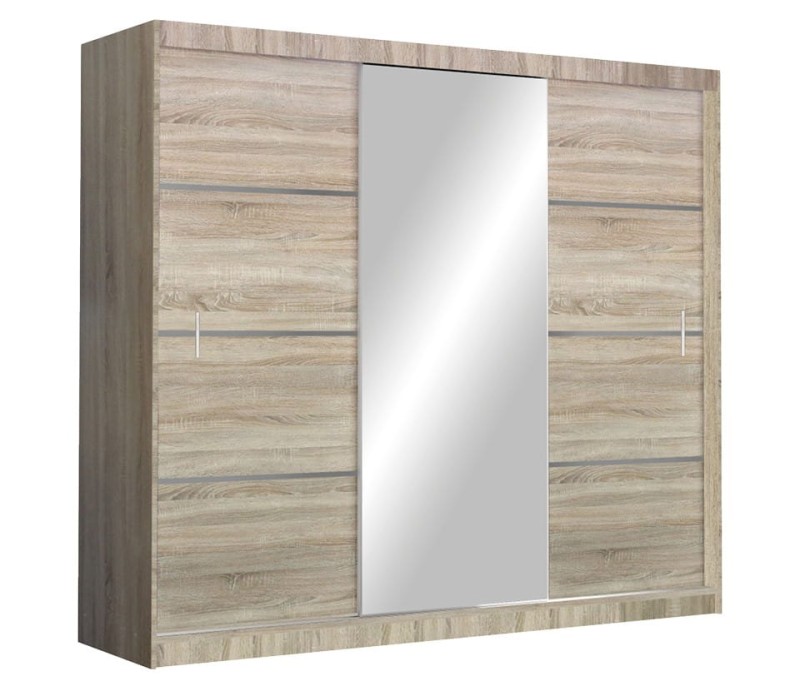 Szafa przesuwna VISTA 250 trzydrzwiowa lustro półki drążki dąb sonoma