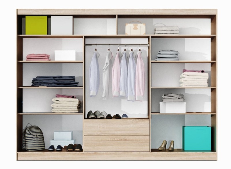 Szafa przesuwna VISTA 250 trzydrzwiowa lustro półki drążki wnętrze