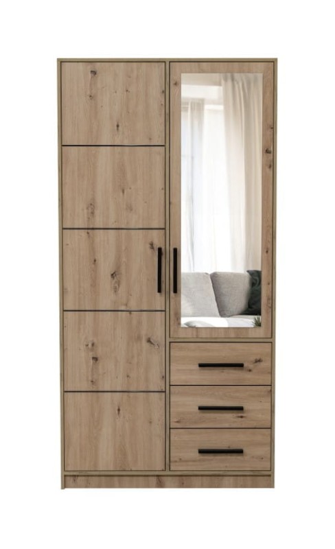 Szafa otwierana KOS D2 szerokość 100 cm dwudrzwiowa szuflady lustro dąb artisan