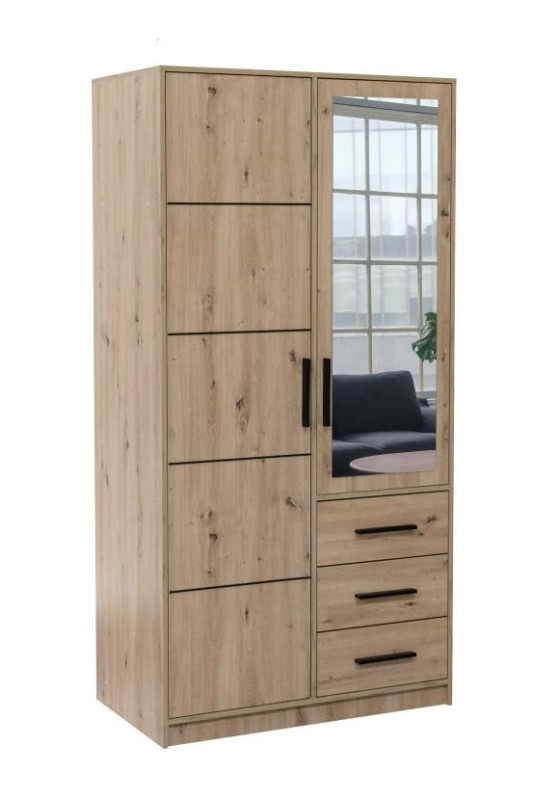 Szafa otwierana KOS D2 szerokość 100 cm dwudrzwiowa szuflady lustro dąb artisan