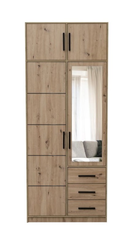 Szafa otwierana KOS D2 z nadstawką szerokość 100 cm wysokość 245 cm lustro szuflady dąb artisan
