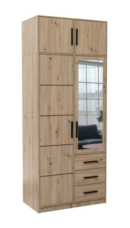 Szafa otwierana KOS D2 z nadstawką szerokość 100 cm wysokość 245 cm lustro szuflady dąb artisan