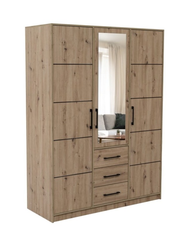 Szafa otwierana KOS D3 szerokość 149 cm trzydrzwiowa szuflady lustro dąb artisan