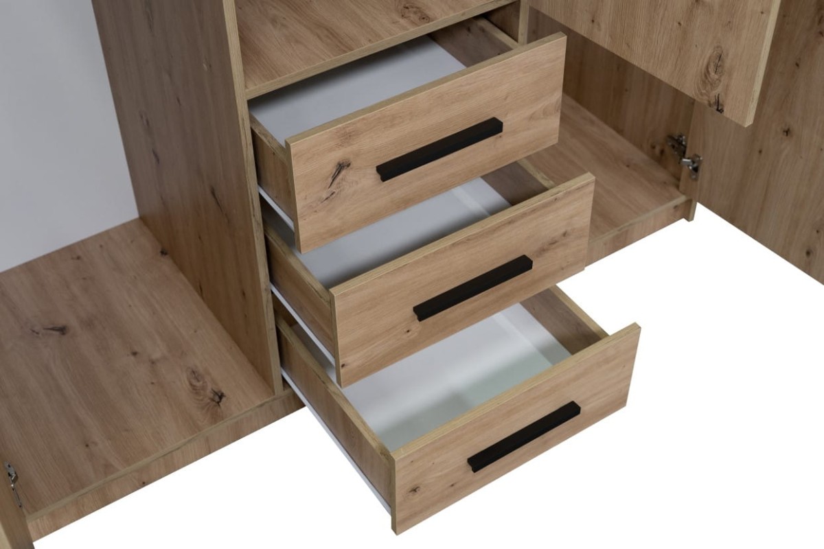 Szafa otwierana KOS D3 z nadstawką szerokość 149 cm wysokość 245 cm trzydrzwiowa szuflady lustro dąb artisan