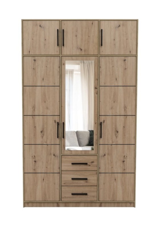 Szafa otwierana KOS D3 z nadstawką szerokość 149 cm wysokość 245 cm trzydrzwiowa szuflady lustro dąb artisan