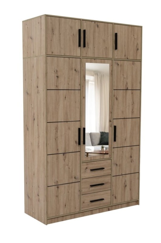 Szafa otwierana KOS D3 z nadstawką szerokość 149 cm wysokość 245 cm trzydrzwiowa szuflady lustro dąb artisan
