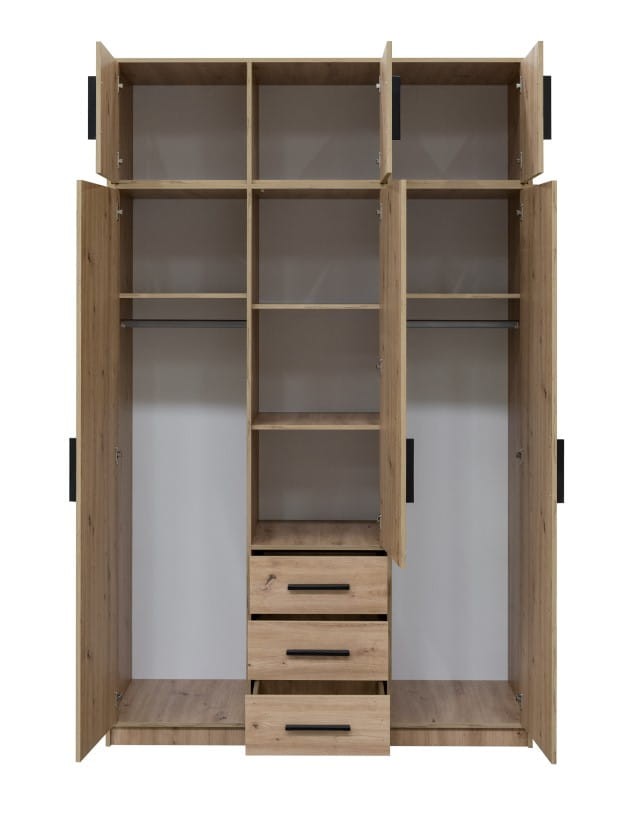 Szafa otwierana KOS D3 z nadstawką szerokość 149 cm wysokość 245 cm trzydrzwiowa szuflady lustro dąb artisan